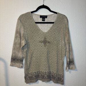 Venezia Tan Beige Patterned Long Sleeve Tee with Embellished Cross